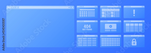 Web browser window, transparent pages layout with toolbar and search field. Modern website, internet page. Browser mockup for computer, tablet and smartphone. Adaptive UI. Vector illustration