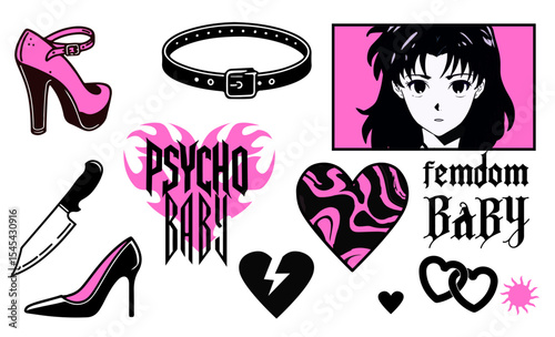 Vector illustration in Y2K pop-art style with bold black and pink colors, featuring anime girl, high heels, knife, collar, hearts, flame, and gothic text. Popular Y2K/Alt aesthetic. 