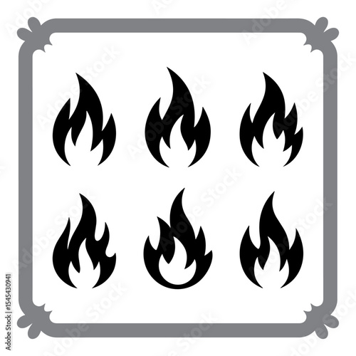 Vector fire icon set with burning flame signs and warning symbols