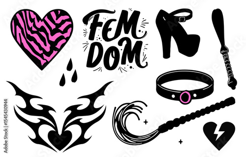Bold vector illustration in trendy tattoo and pop-art style includes high heels, a collar, whip, broken heart, tribal heart, pink zebra heart, and drops. Sticker set in black, white, pink colors.