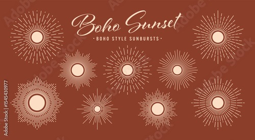 Vintage sunburst, sunset beams collection. Boho style, modern minimalist bohemian design. Hand drawn bursting sun, light rays. Logotype or lettering design element in retro style. Vector illustration