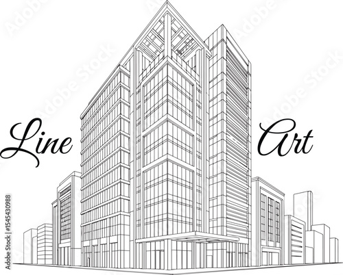 Modern City Skyscraper Building Line Art Perspective