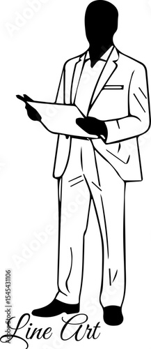 Professional Man Reading Document Line Art Silhouette