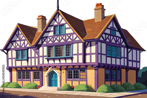 Tudor style building vector illustration with exposed wooden beams, white plaster walls, and steep gabled roof ideal for heritage, medieval, or architectural design projects