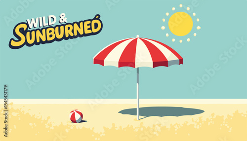 Colorful striped beach umbrella on a sandy shore under a bright sun with a playful beach ball, summer concept of beach resorts or vacation rentals