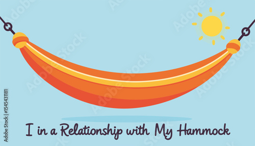 Colorful hammock with sun and text “I in a Relationship with My Hammock” set against a light blue background, relaxing concept of outdoor furniture or lifestyle brand