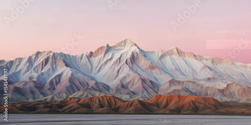 Scenic view of snow capped mountains under a pastel pink sky with water in the foreground
