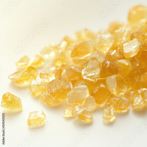 Golden sugar crystals scattered on a white surface