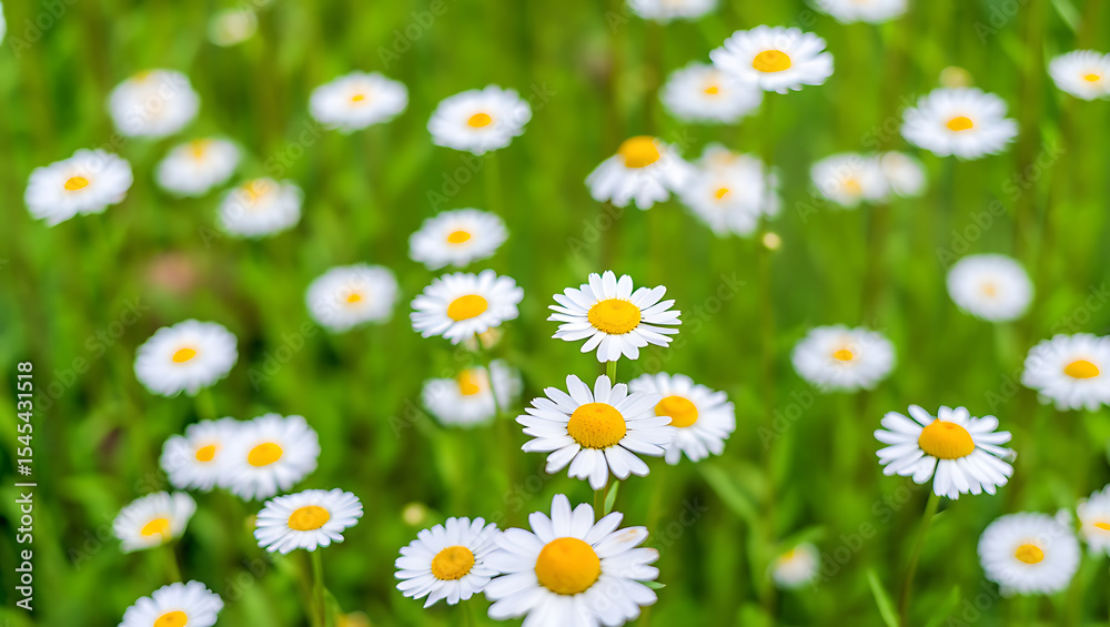 Fototapeta premium Close-up of daisies blooming in a lush green field, vibrant summer meadow