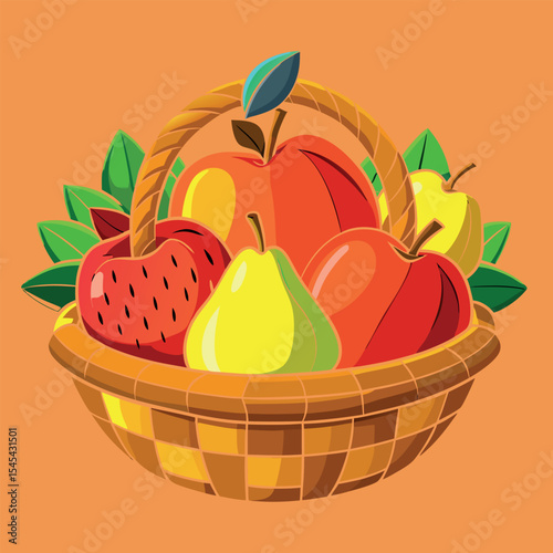 Digital illustration of a wicker basket filled with assorted fruits like apples, bananas, grapes, and oranges. Perfect for food design, harvest themes, healthy eating, and natural products.