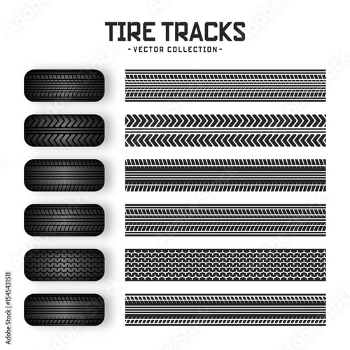 Tire tracks, rubber wheels, and braking marks. Truck, car, or motorcycle tread pattern silhouettes. Perfect for auto racing, motorsport, and speed-related designs. Vector illustration