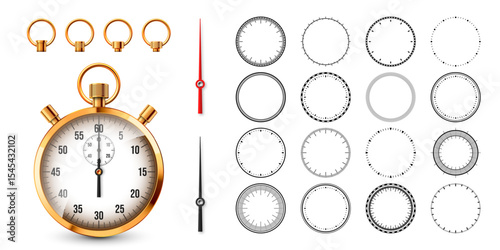 Realistic classic stopwatch. Shiny golden metal chronometer, time counter with dial. Countdown timer showing minutes and seconds. Time measurement for sport, start, finish. Vector illustration