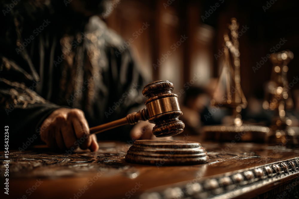 Obraz premium Judge striking gavel on bench during courtroom session
