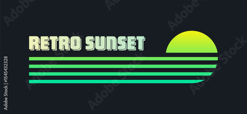 Vintage colorful sunset. Various gradient striped sunrise badges in 80s and 90s style. Sun and ocean view, summer vibes, surfing. Design element for print, logo or t-shirt. Vector illustration