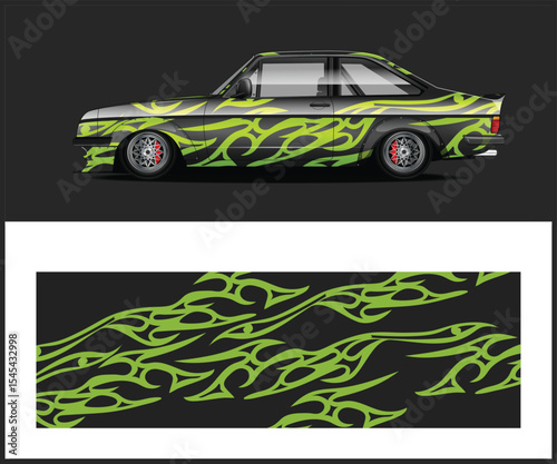 Sleek Black Car with Lime Green Tribal Decals and Matching Wrap Design