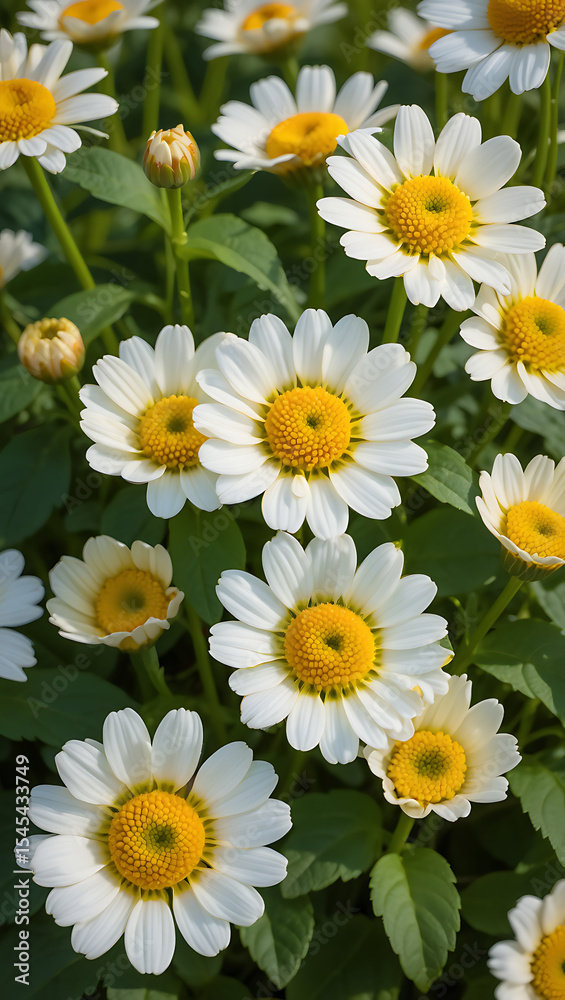 Obraz premium Close-up of numerous white daisies with yellow centers blooming in a garden