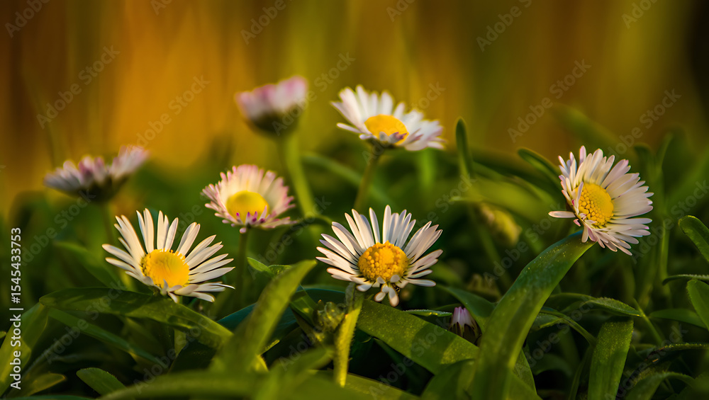 Fototapeta premium Close-up of several white daisies blooming in lush green grass, bathed in warm golden sunlight