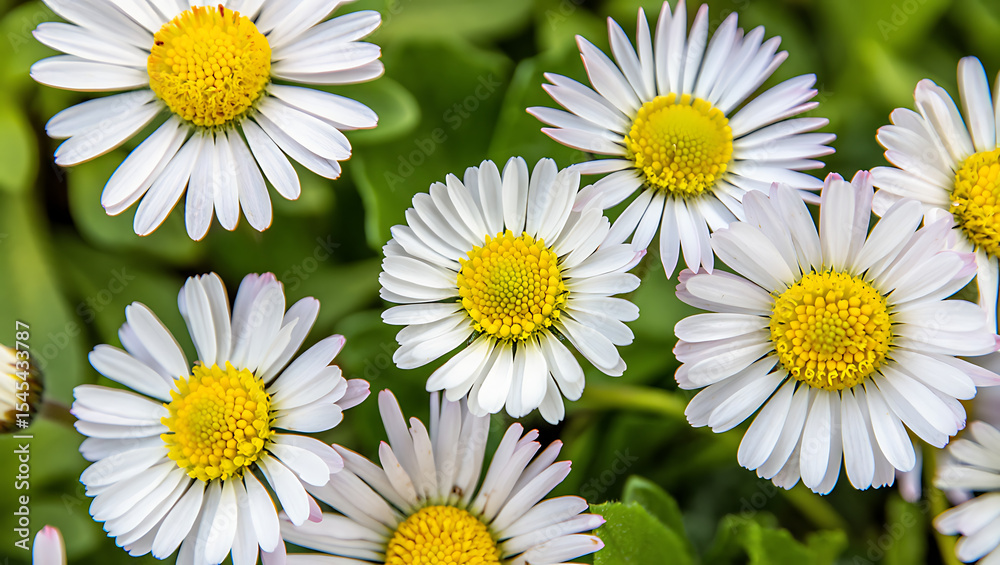 Fototapeta premium Close-up of several white daisies with yellow centers blooming in a lush green field