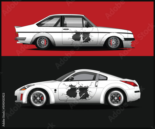 Two White Cars with Cat Decals on a Red and Black Background
