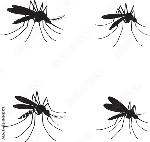 Four Vector Mosquito Silhouettes Against White Background