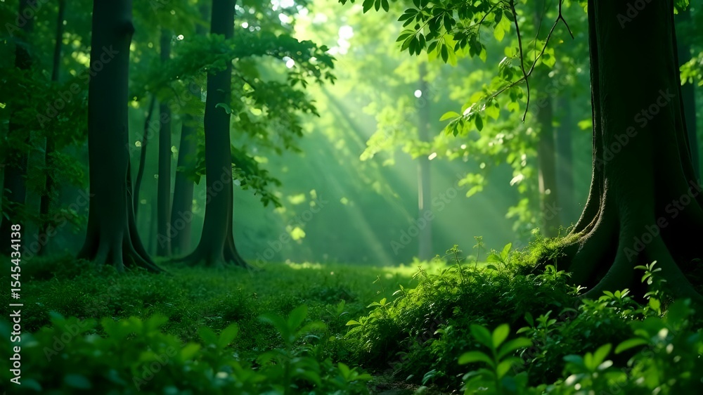 Obraz premium Sunlight filters through trees in a serene forest glade during early morning