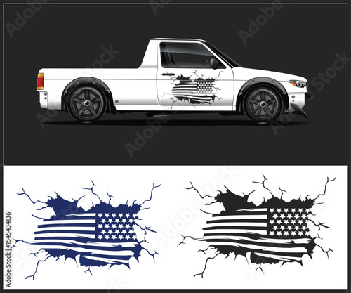 White Pickup Truck with American Flag Decal and Flag Graphic