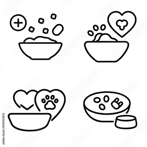 Pet food bowl illustrations with hearts and ingredients symbols  