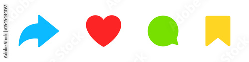 social media interface icon set in line style. like, unlike, comment, share, message, thumb and save simple black style symbol sign for apps and website, vector illustration. Color set