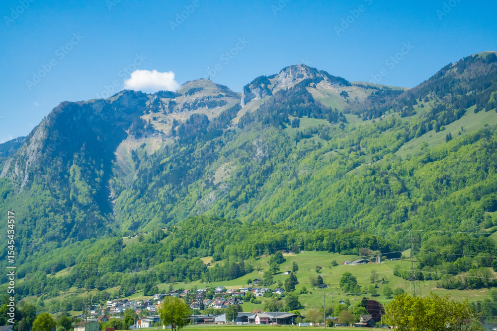 Fototapeta premium Idyllic landscape in the Alps with fresh green meadows and mountain peaks.