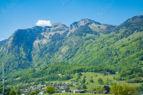 Idyllic landscape in the Alps with fresh green meadows and mountain peaks.