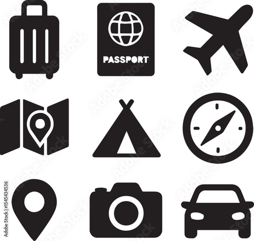 Black and White Silhouette Travel Icons – Pixel-Perfect Vector Set of Tourism and Adventure Symbols Isolated on White Background

