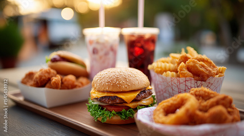 delicious juicy burger with cutlet and nuggets with milkshakes in a fast food restaurant