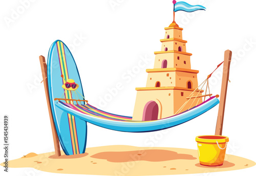 Beach scene illustration featuring surfboard sandcastle hammock and a seaside bucket of water.