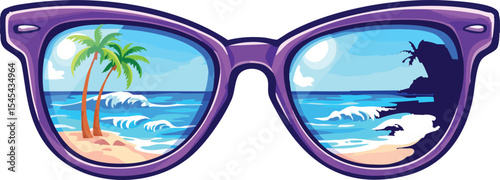 Beach scene reflection inside purple sunglasses representing summer vacation and relaxation.