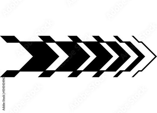 Black striped arrow on a white background. Speed ​​pattern. Sport design element for car body, boat, motorcycle, sportswear, toy. Vector background. Direction indicator. Navigation