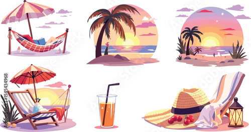 Beautiful and relaxing summer vacation scene with beach elements and sunset background.