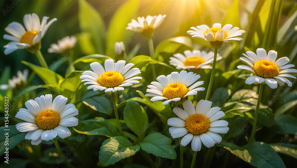 Fototapeta premium Close-up of white daisies blooming in a lush green garden bathed in sunlight