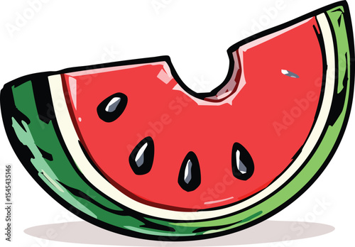 Cartoon illustration of a bitten watermelon slice depicting freshness and summer vibes.