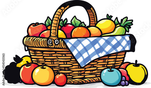 Cartoon illustration of a wicker basket filled with fresh and colorful fruits for healthy eating.