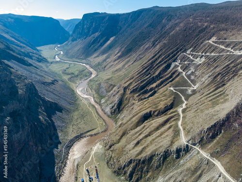 Mountain pass Katu-Yaryk. Valley of the mountain river Chulyshman. Landscape. Mountain dangerous road.
