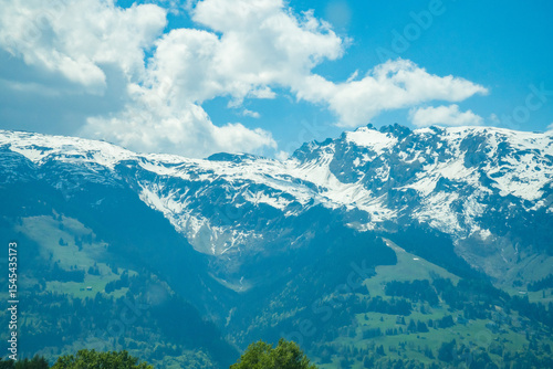 Idyllic landscape in the Alps with fresh green meadows and mountain peaks.