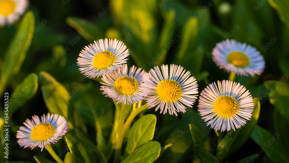 Obraz premium Close-up of five delicate English daisies blooming in a lush green garden at sunset