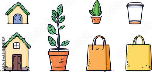Collection of illustrated objects including buildings plants shopping bags and coffee cup.