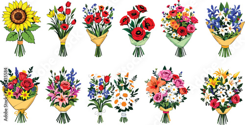 Colorful assortment of beautiful and elegant floral bouquets isolated on white background.