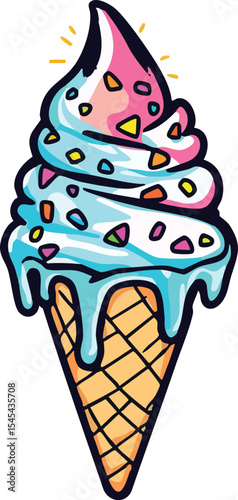 Colorful cartoon ice cream cone with sprinkles perfect for summer desserts.