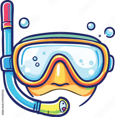 Colorful cartoon illustration of a snorkel mask and scuba diving gear with bubbles.