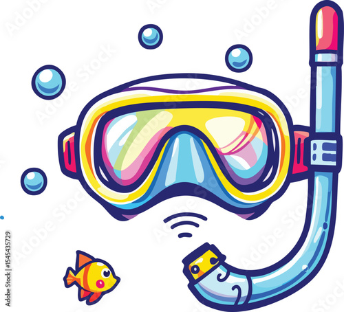 Colorful cartoon illustration of snorkel mask and a happy little fish swimming underwater.