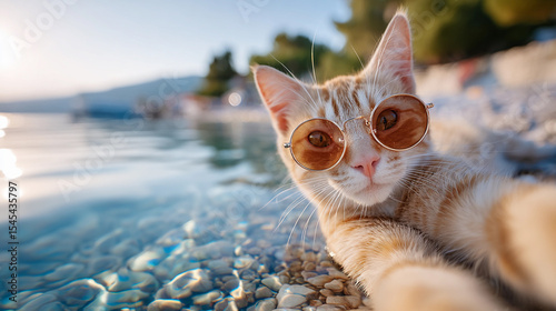 cute cat lying on the beach on vacation with phone and taking selfie