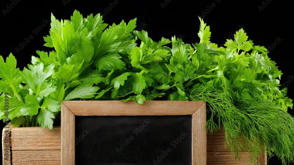 Fresh green herbs with chalkboard for recipe ideas or culinary inspiration