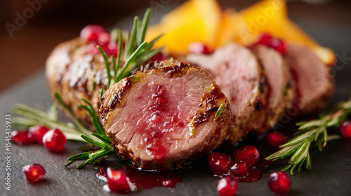 liced ​​meat pork baked with cranberries for the holiday on a wooden board